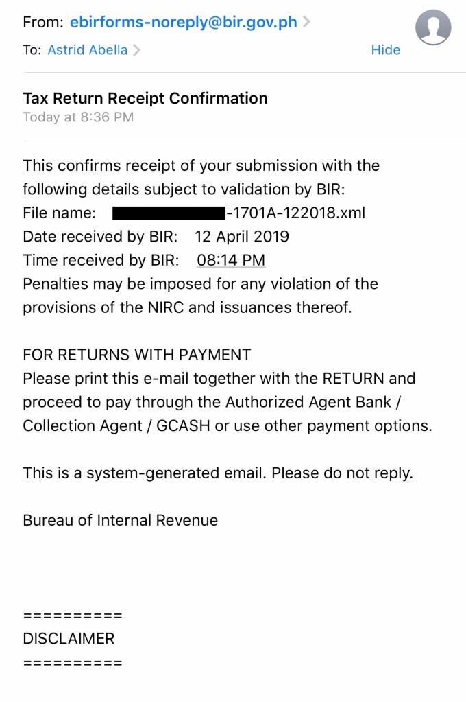 BIR confirmation email